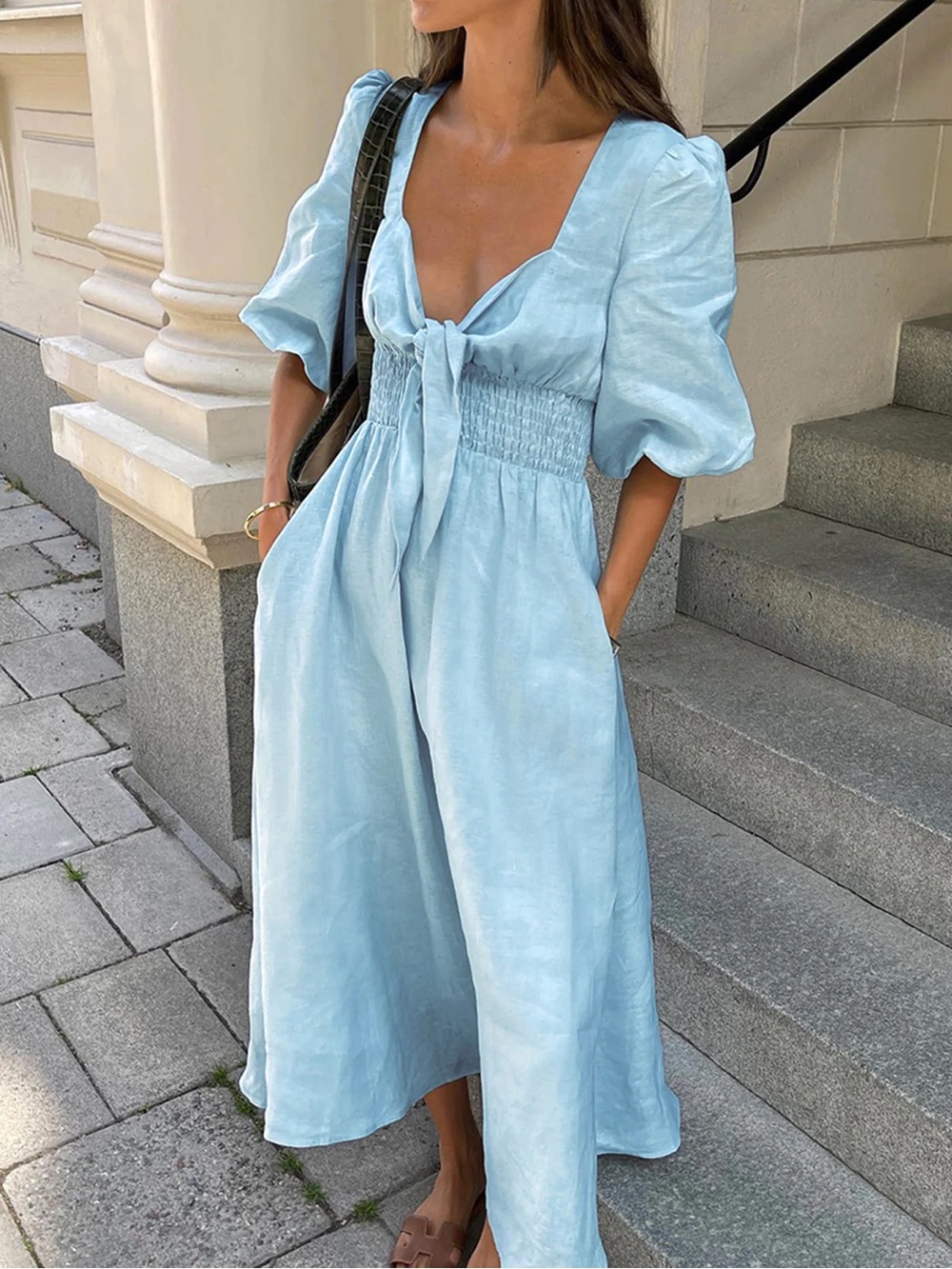 Commense Light Blue Long Sleeve Tie Front Dress Cotton Linen Dress Size S